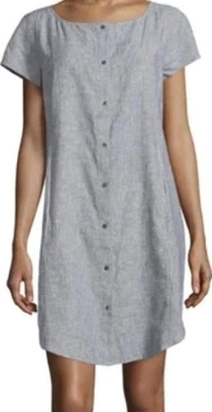 Eileen Fisher Ministripe Chambray Dress Bateau Pocket Hemp Organic Cotton Small